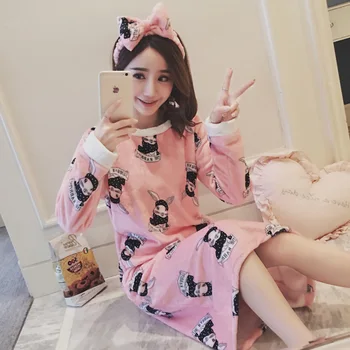 

Long Sleeve Pink O-neck Nightdress Home Wear Winter Lounge Homewear Flannel Thick Night Gown Women Home Dressing Sleepwear