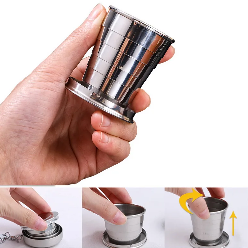 Складная чашка для питья из нержавеющей стали с брелком, Портативные Выдвижные чашки, Складная Питьевая чашка для путешествий на открытом воздухе