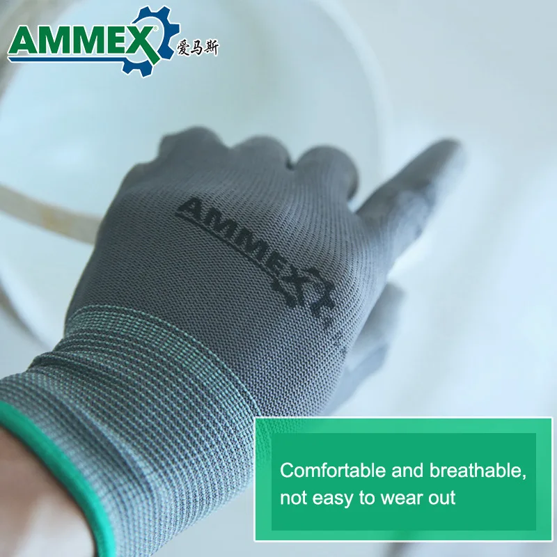 AMMEX 12 пар рабочие перчатки утолщенные ладони ПУ покрытие защитные перчатки дышащая серая защита Нескользящая Чистка механика нейлон