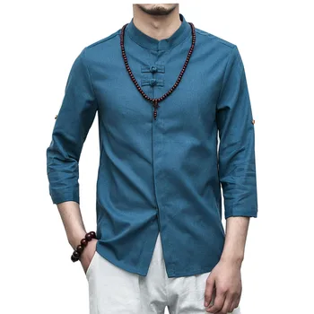

Mens Cotton Linen Shirt 2020 Summer Men Three Quarter Sleeve Solid Chinese Clothes Male V-neck Shirt Big Size 4XL 5XL