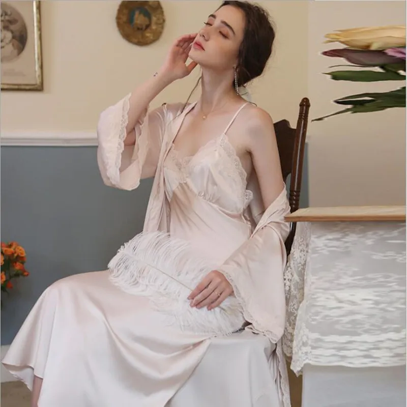 Women Sexy Twopieces Silk Night Robe Backless Spaghetti Strap Long