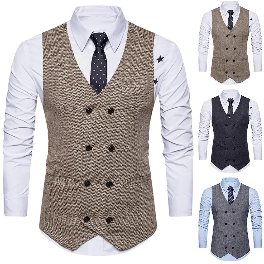 Chaleco de negocios Vintage para hombre, sin mangas, doble pecho, Sarga de espiga