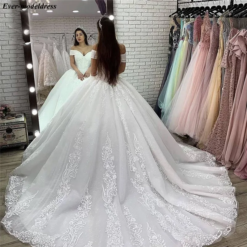 Vestido De Noiva кружевные свадебные платья Роскошные с открытыми плечами с аппликацией из бисера блестящие бальные платья свадебные платья невесты платье