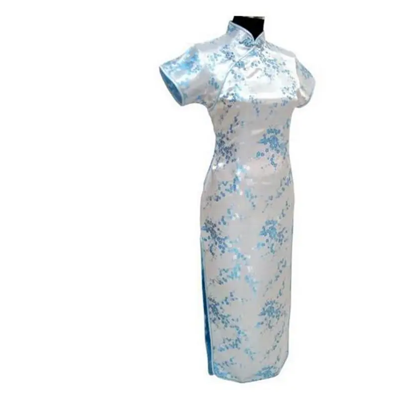 Qipao длинные платья с коротким рукавом сексуальное платье Черный Дракон и Феникс китайское традиционное платье женское атласное Чонсам Qipao большой размер - Цвет: Blue B