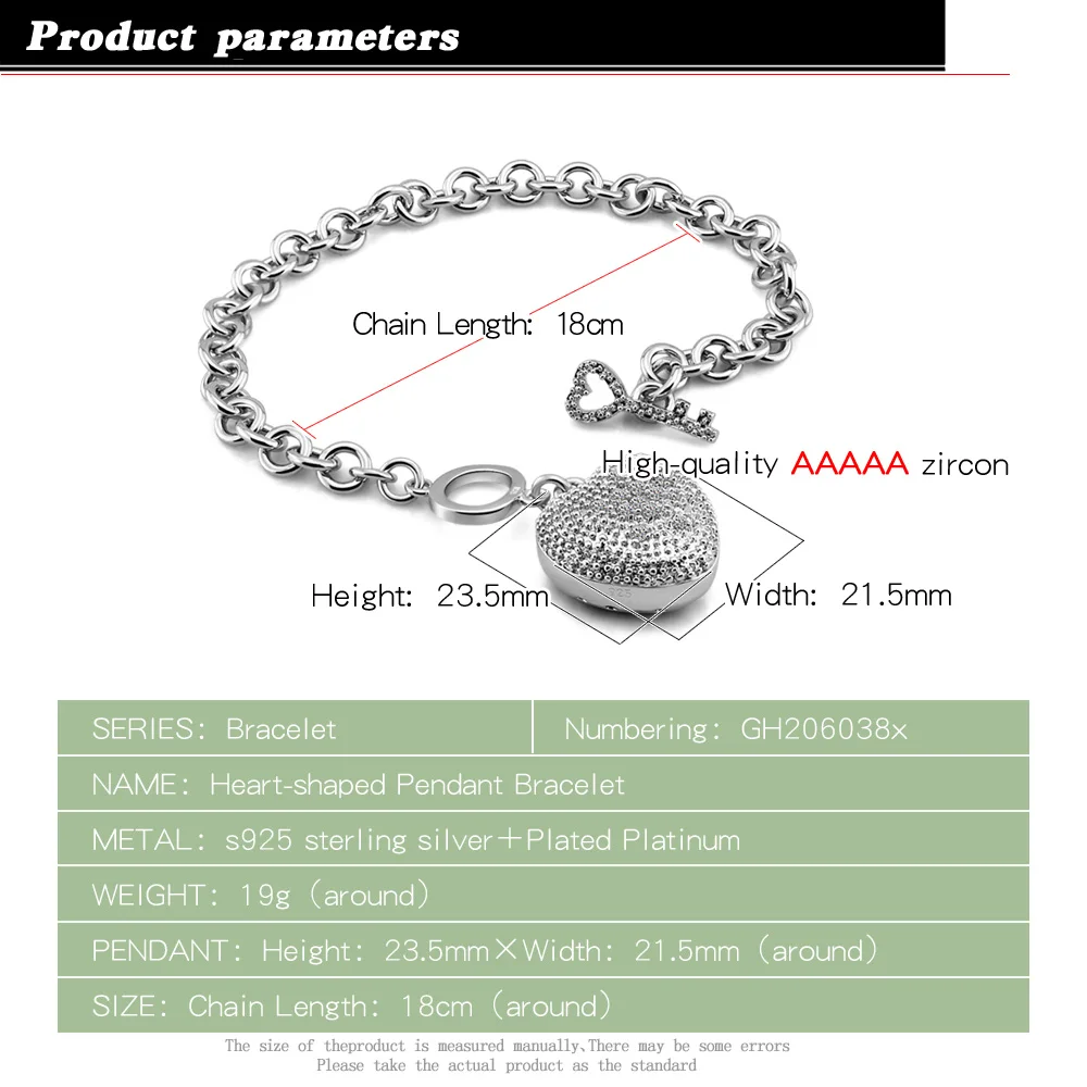 Женский браслет из серебра 925 пробы с подвеской в виде сердца|sterling silver bracelet|solid
