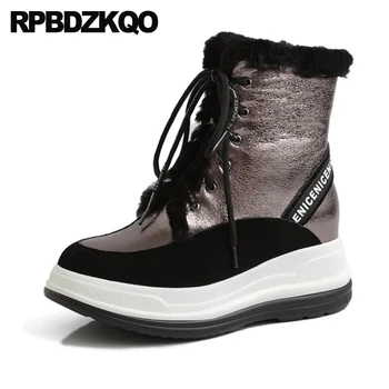 

big size flatform women plus muffin shoes plush front lace up casual ankle boots autumn real fur harajuku 10 platform patchwork