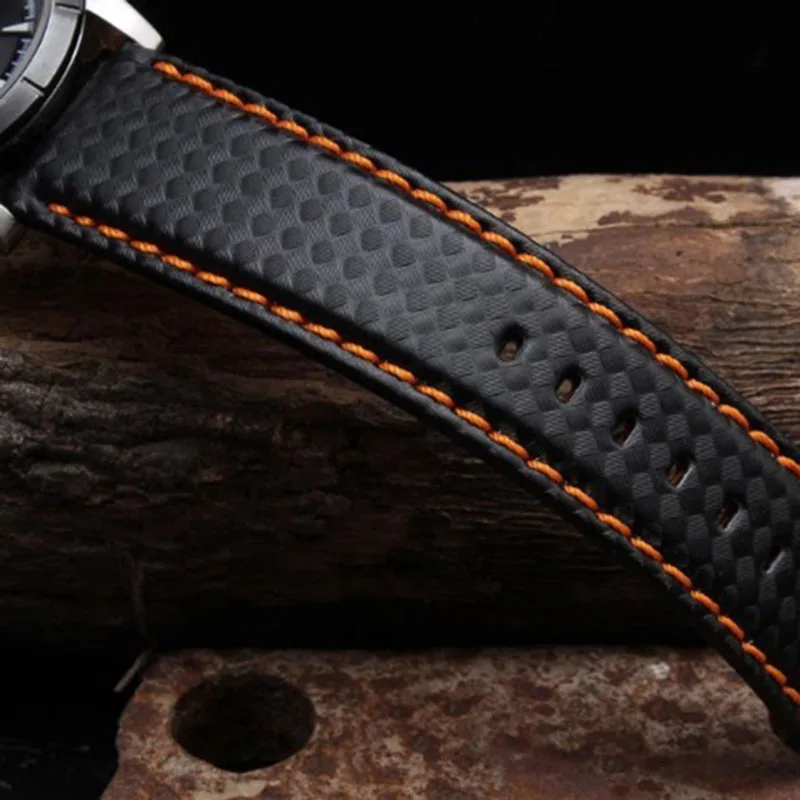 Men's Carbon Fiber Watch Strap with Red Stitching and Leather Lining, Stainless Steel Clasp