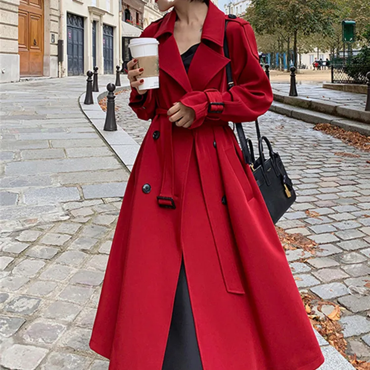 Colorfaith Новинка осень зима женский плащ свободного покроя с лентой двубортный офисный женский корейский стиль элегантный пальто Верхняя одежда JK6690 - Цвет: Красный