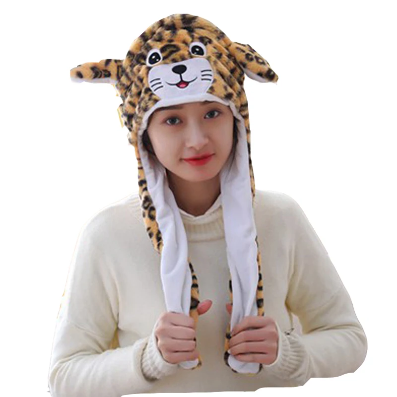 Leopard With Ears Moving Hood Hat Plush Toy Birthday Stuffed Cap Gift