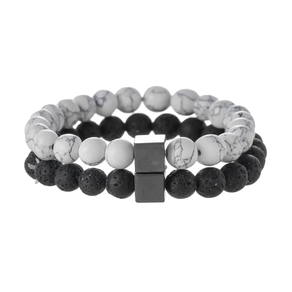 

Trendy Handmade Rectangle Disco Hematite Stone Charm Men Bracelet Set Classic Howlite Lava Beaded Bracelet For Men Jewelry Gift