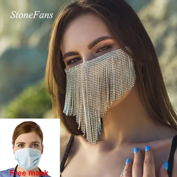

Stonefans New Trendy Crystal Face Mask Mouth Elastic Jewelry for Women Gold Long Rhinestone Tassel Mask Chain Jewellery