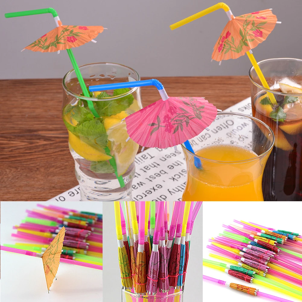100pcs Hawaiian Luau Party Umbrella Parasol Straws Cocktails Drinks Pool Beach