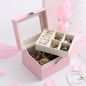 

Jewelry Storage Box Large-capacity Multi-function PU Jewelry Box Transparent Open-cover Double-layer Jewelry Storage Boxes