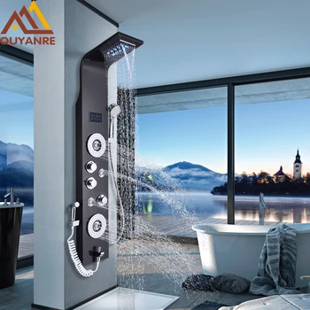 Pannello doccia a LED in nichel nero Sei funzioni Colonna doccia Pioggia Cascata Doccia Massaggio Spa Getti Vasca Doccia con rubinetti da bagno bidet 1