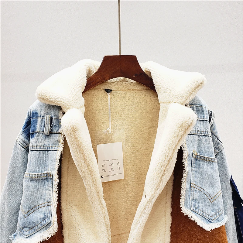Осенняя и зимняя новая куртка из овечьей шерсти с отворотом, толстая, сшитая, индивидуальная, плюс бархатная джинсовая куртка, Женская куртка