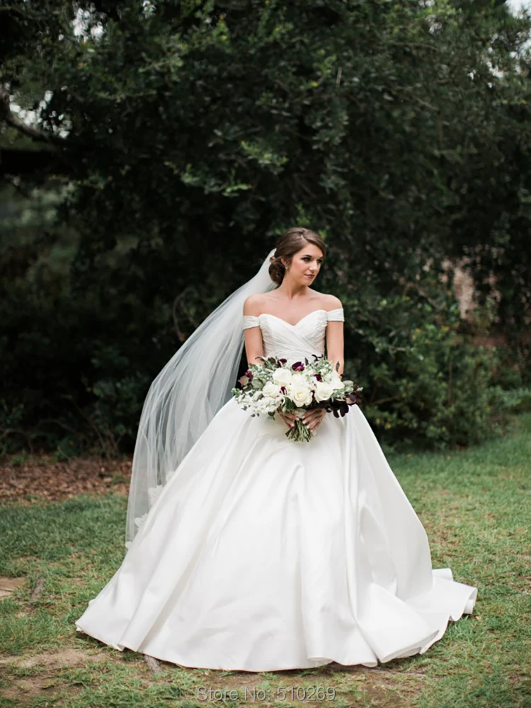 

Chiffon Satin Ball Gown Wedding Dress Off the Shoulder Bridal Gowns Custom made Vestido De Noiva Robe De Mariage