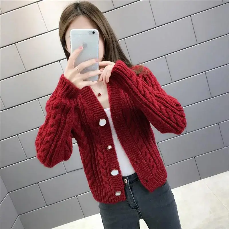 Frauen Neue Gestrickte Einfarbig Pullover Strickjacke Damen Jacke 2024 Herbst Winter Taste Mode College Stil V-ausschnitt Casual Top – Detail 11