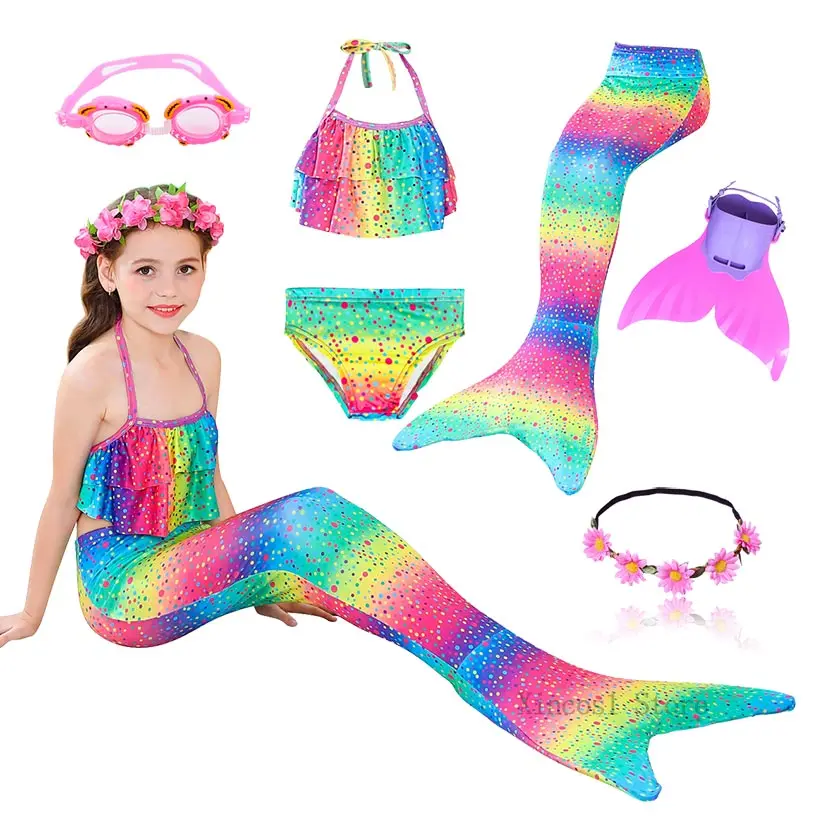Детский женский костюм русалочки с венком, купальный костюм-бикини с хвостом и моноластами