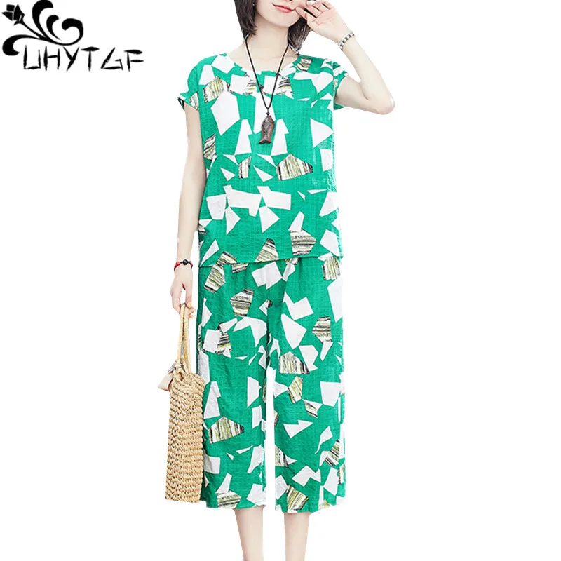 

UHYTGF Casual Womens Sets Fashion Cotton Linen Printing Summer Two Piece Set Wide-Leg Pants Comfortable Big Size Tracksuit 1200