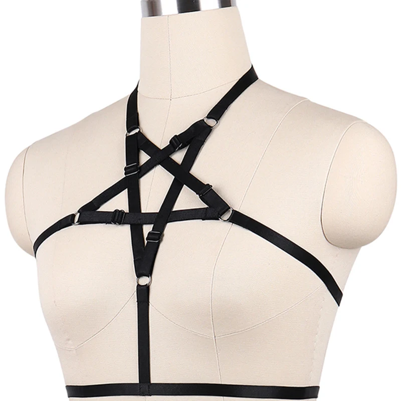Pentagram Body Harness Cage Punk Bra Woman Sexy Lingerie Pastel Goth Black Body Bondage Belt Rave Open Chest Harness Bra