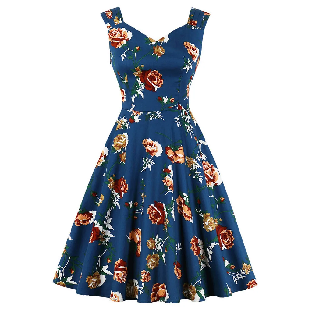 Women Dress Sexy Fashion V-Neck  Printing sleeveless Pleated Retro  Dress Vintage Dress Party Dress 2020 платье женское