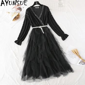 

AYUNSUE Spring Summer Lace Dress Women Korean Long Dress Elegant Black Party V Neck Long Sleeve Mesh Vestidos De Fiesta KJ4333