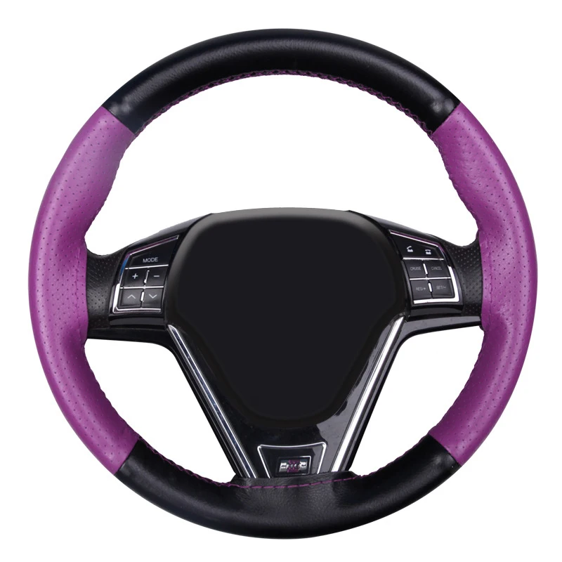 DIY Автомобильный руль оплетка воловья кожа красочные сплайсинга спортивный стиль из натуральной кожи чехол на руль - Название цвета: Purple A