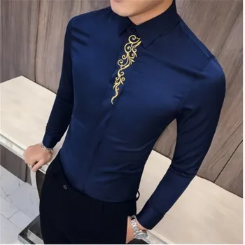 

Spring Embroidered Slim Fit Long Sleeve Shirt Men Social Club Prom Shirt Camisa Masculina Luxury Korean Shirt Men Kemeja Pria