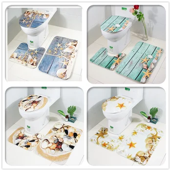

Sea Print Carpet Floor Mat Bathroom Toilet Lid Cover Three-pieces Bath Mat Bathroom Rugs Set Non-slip Shower Mat Machine Made
