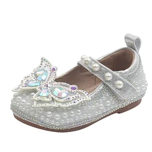 

13.5-19cm High Quality Princess Girls Flats Shoes With Full Pearls Silver Champagne Bling Rhinestones Butterfly Girl School Shoe