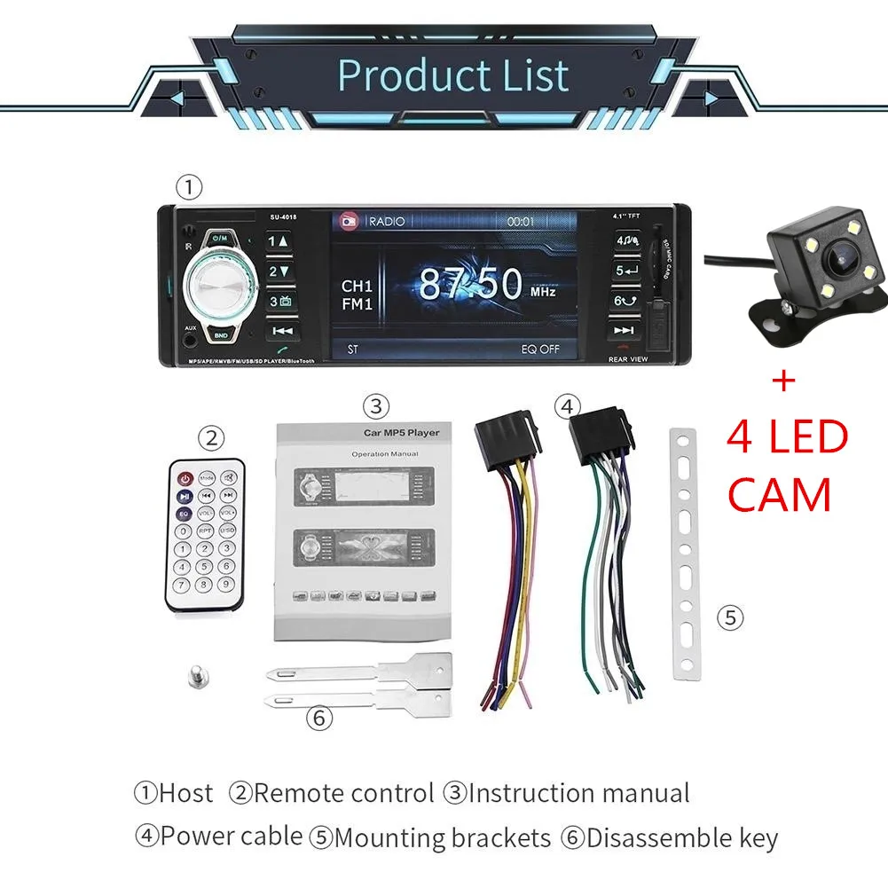 MP5 плеер автомобиля стерео радио 4,1 ''HD TFT экран 12 В аудио система/FM/USB/SD/AUX поддержка задней камеры Bluetooth - Цвет: with 4 led cam