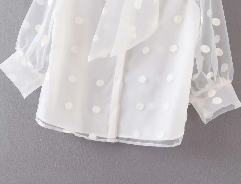 Винтаж стильный Polka Dot прозрачные короткие топы, женские блузки мода галстук-бабочка Фонари рукав Офисные женские туфли рубашки для мальчиков