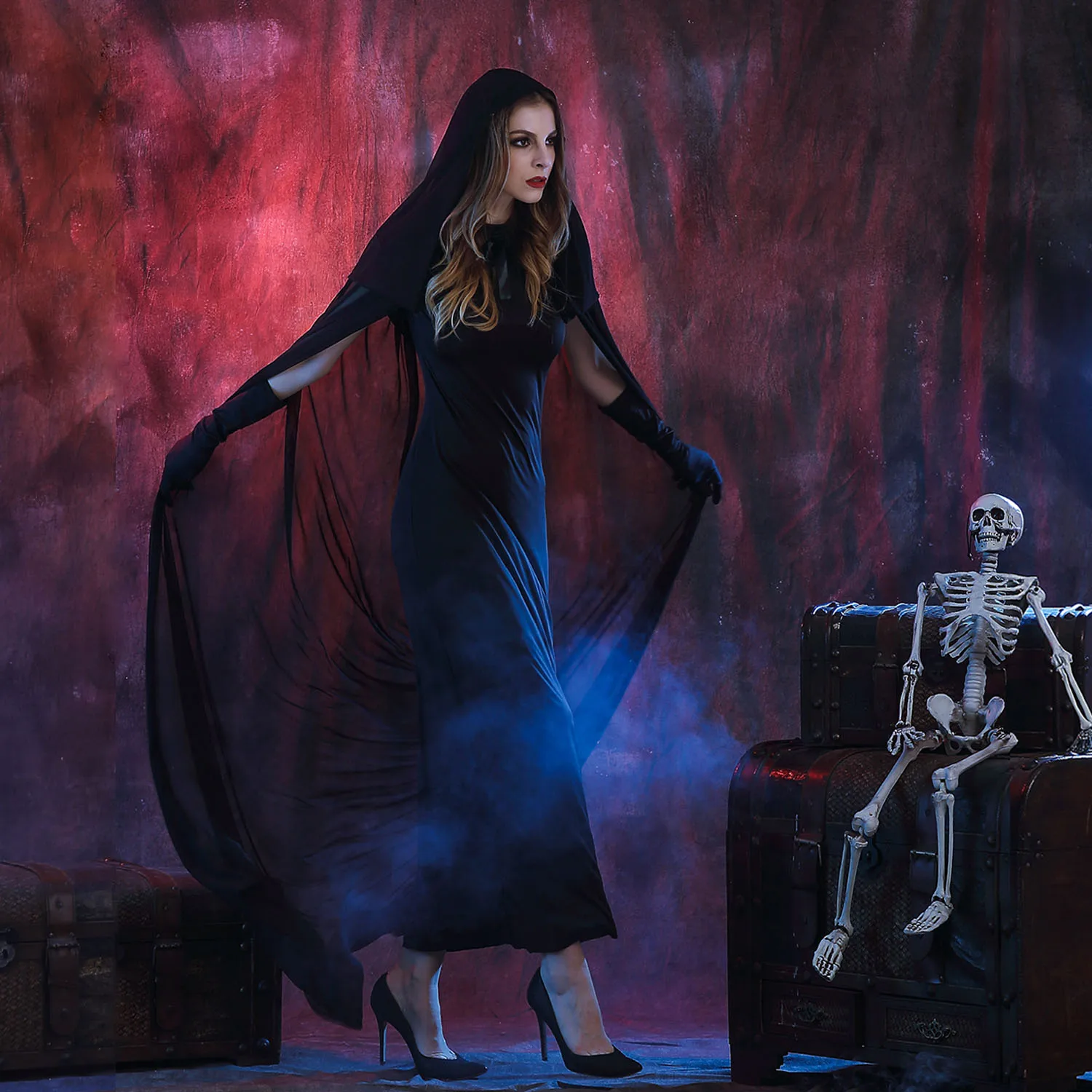 

Besegad Halloween Costumes Witch Vampire Dress Hooded Shawl Gloves Outfit Set for Fancy Dress Masquerade Role Play Theme Party