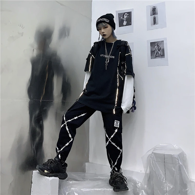 Woherb Harajuku/женские и мужские черные брюки в полоску с эластичным поясом; повседневные свободные брюки до щиколотки; брюки-карго; уличная одежда