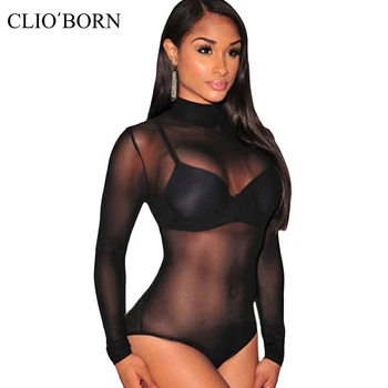 

Fashion Sexy Mesh See-Through High Waist Shorts Long Sleeves High Neck Mesh Transparent One-Piece Top