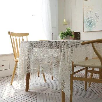 

Pastoral Knitted White Lace Crochet Tablecloth Hollowed Cotton Rectangle Table Cloth Cover Wedding Tablecloths Piano Towel Cover