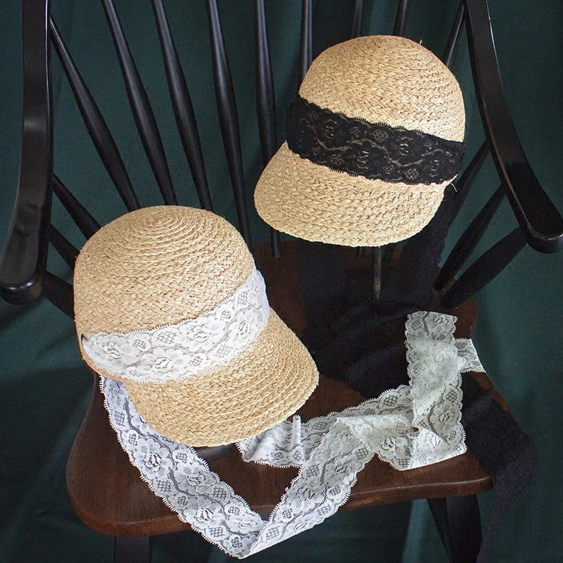 

New Style Lace Lace-up Raffia Hat Equestrian Hat Korean-style Women's Summer Cricket-cap Hat Sun-resistant Topee Sun Hat