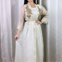 

Dubai Muslim Dress 2 Pieces Abaya Set For Women 3D Embroidered Kimono with Vest Long Dress Modest Muslim Arabic Eid 2021 New