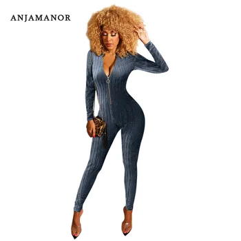 

ANJAMANOR Striped Velvet Jumpsuit for Women Sexy Clothing Zipper Long Sleeve Bodycon Pants Rompers Club One Piece Outfit D36AF11