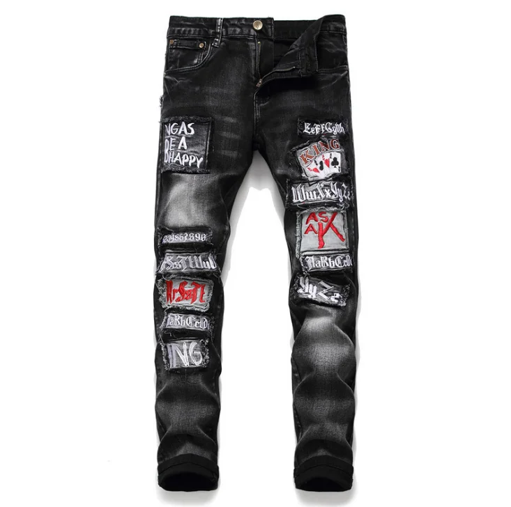 A European and American street trends washed and worn holes embroidered tiger letters embroidered men's slim feet stretch jeans - Цвет: A