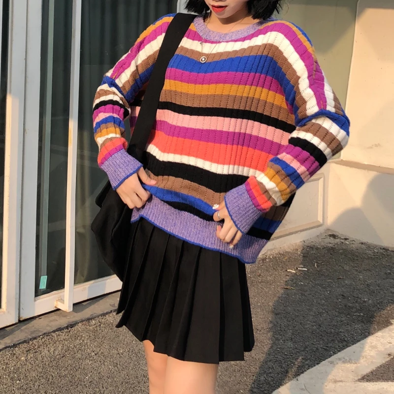 Woherb Harajuku уличная одежда, свитер для женщин в радужную полоску с круглым вырезом и длинным рукавом, пуловеры, джемперы, корейская мода, верхняя одежда 90857