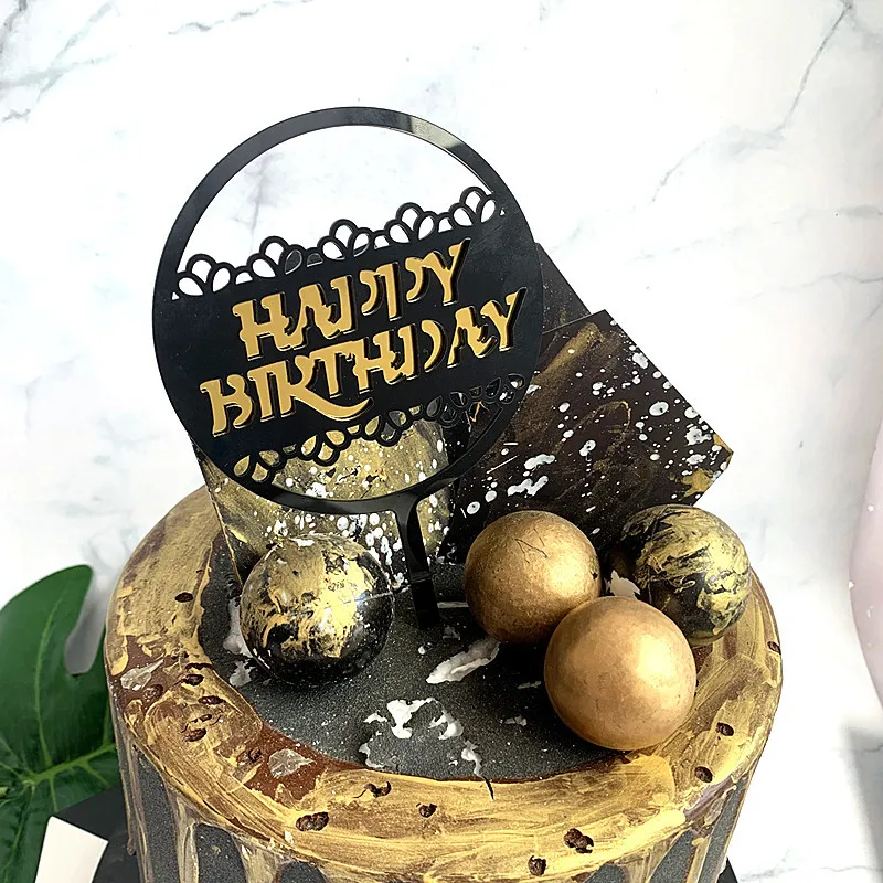 9cm Round Lace Double Layers Black Gold Silver Acrylic Happy Birthday Cake Topper Kids Cupcake Cake Decoration Party Supplies - Цвет: Золотой