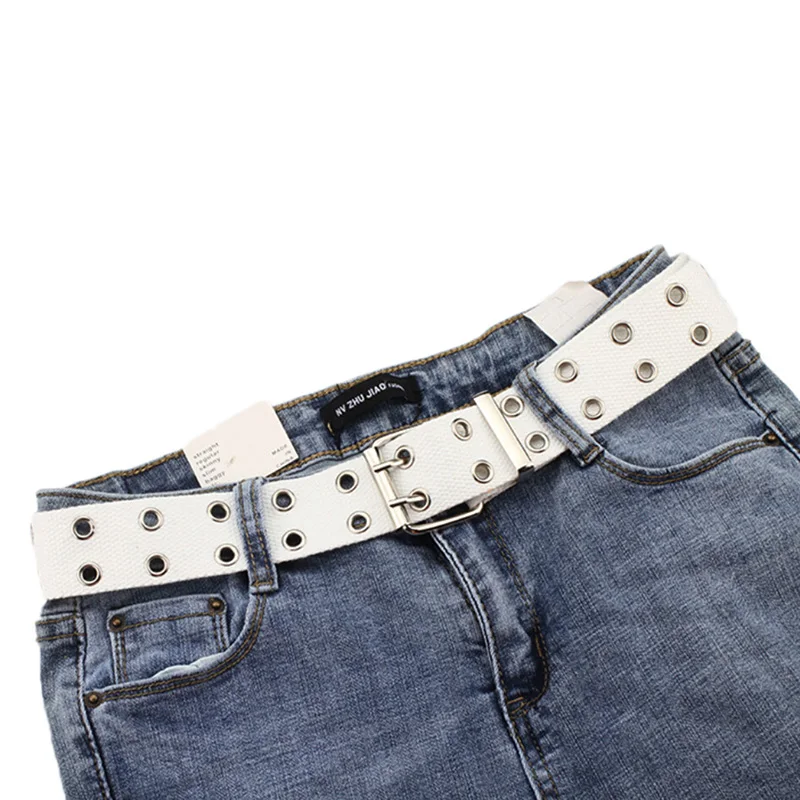 Women Studded Grommet Hole 2 Row Pin Buckle Canvas Nylon Belt Waistband