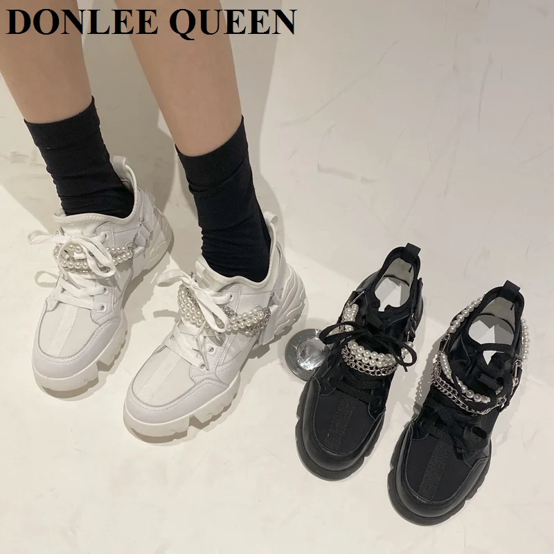 

Flats Casual Shoes Women Brand Pearl Chain Removable Platform Sneakers Elasticity Breathable Loafers Female Leather Shoes mujer