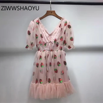 

ZIWWSHAOYU Summer Women Sweet Mini Pink Dresses Fashion Designer Ladies Mesh Strawberry Sequined Bow Belt V-Neck Dress Vestidos