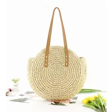 Женская винтажная круглая плетеная солома из ротанга, сумка для покупок, Дамская одноцветная пляжная сумка на молнии большой емкости