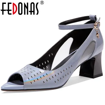 

FEDONAS Elegant Genuine Leather Shoes For Girls Fashion Peep Toe Thick Heels Pumps 2020 Spring Summer Party Casual Shoes Woman