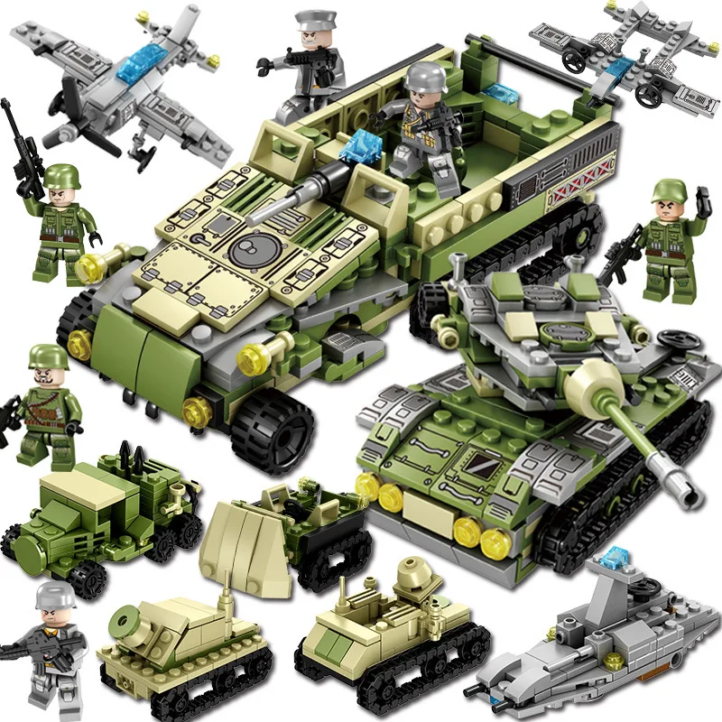 

New Hot8-in-2 Small Particle Multi Play Of Iron And Steel Corps Boy Puzzle Assembly Building Block Toy Car Model Car Block Model