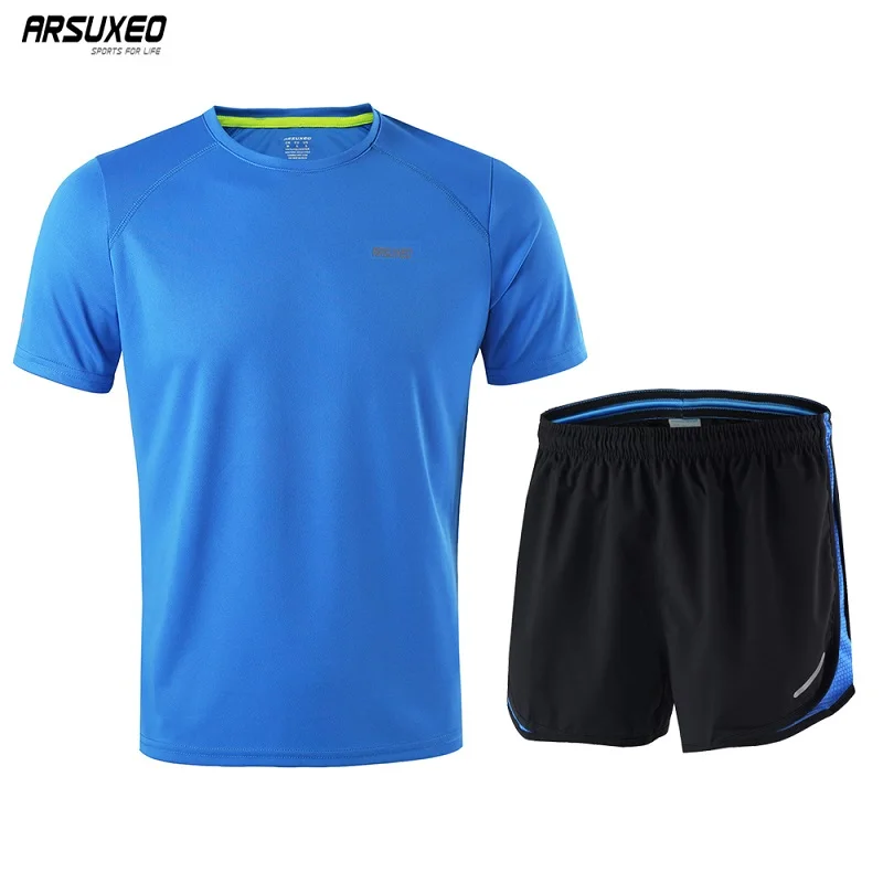 ARSUXEO летние мужские беговые наборы беговые футболки и шорты спортивные для бега Джерси тренировки Спортивная одежда быстросохнущая A25 - Цвет: BU1602165