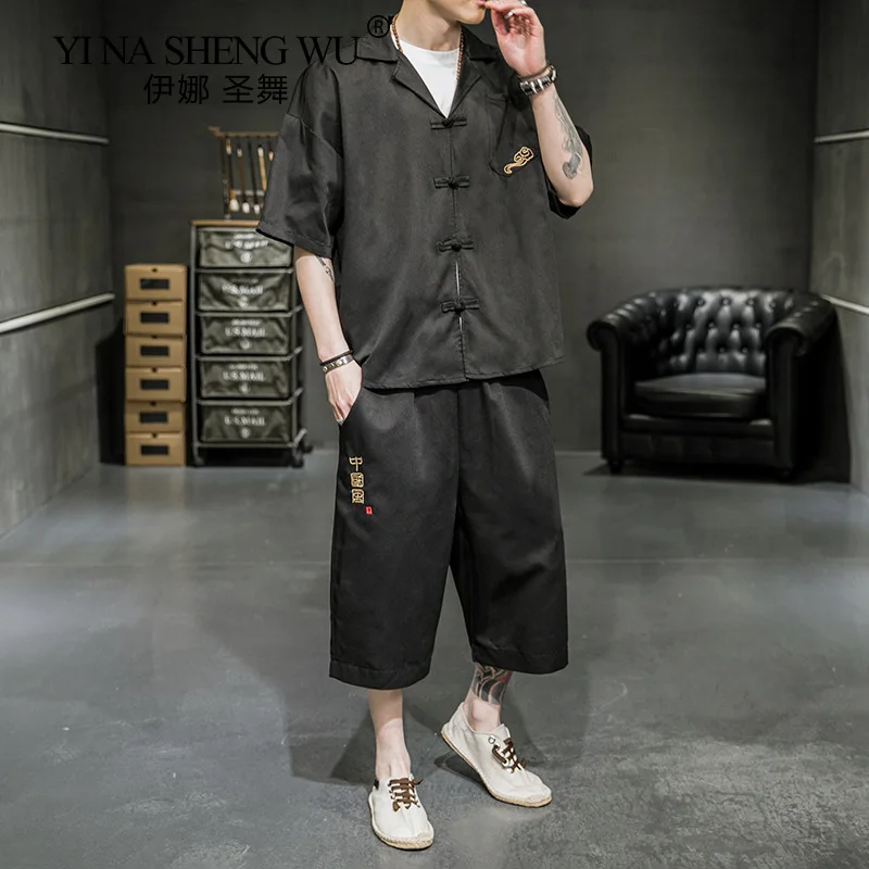 

New Japanese Style Harajuku Kimono Short-Sleeved T-shirt Pants Two Piece Men Tops Shorts Suits Men Japan Yukata Cardigan Costume